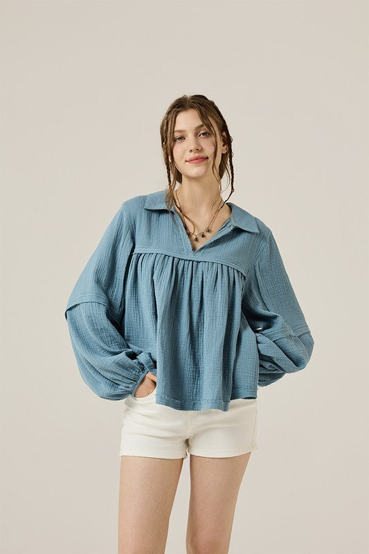 Plus V-neck Bubble Slv Cotton gauze Babydoll Top