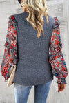 Blue Floral Ruffle Sleeve Patchwork Top