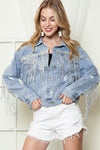 Blue Sequined Fringe Distressed Button Up Denim Jacket
