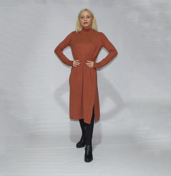 Turtle neck dress long sleeve with side slits