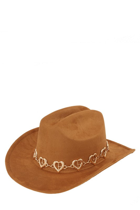 Fedora Hat with Metal Heart Chain Accent