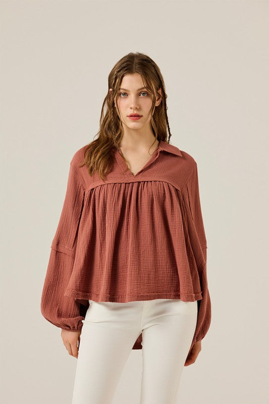 Plus V-neck Bubble Slv Cotton gauze Babydoll Top