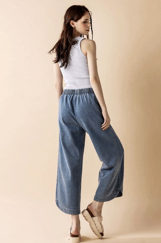Denim Wide Leg Crop Pants with Dolphine Tail Hem