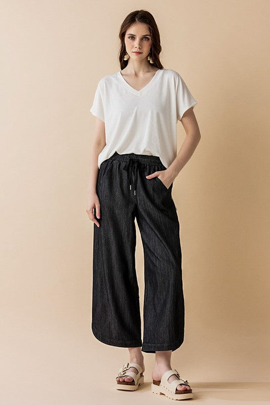 Denim Wide Leg Crop Pants with Dolphine Tail Hem