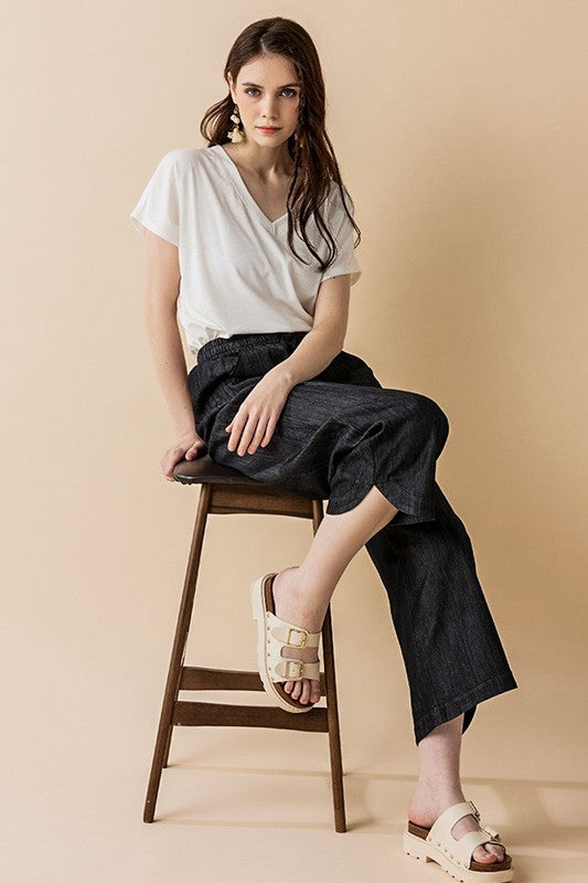 Denim Wide Leg Crop Pants with Dolphine Tail Hem