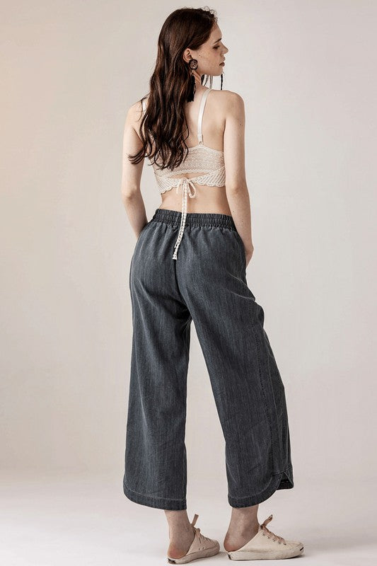 Denim Wide Leg Crop Pants with Dolphine Tail Hem