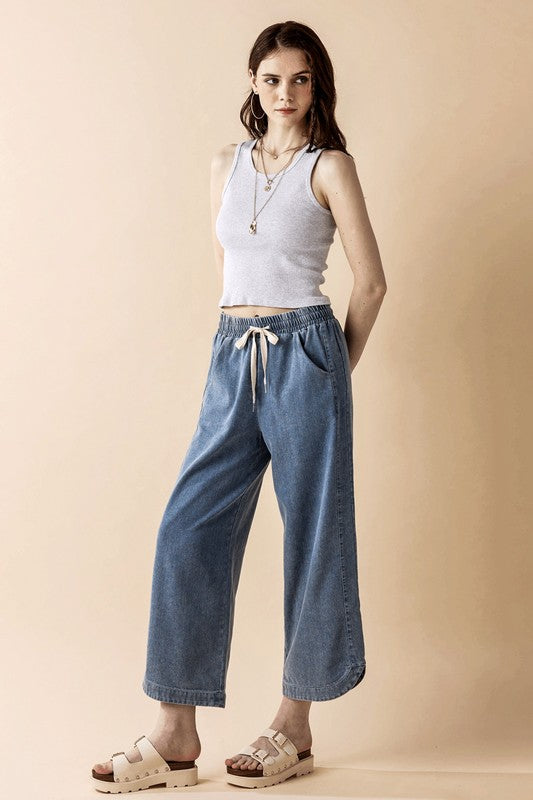 Denim Wide Leg Crop Pants with Dolphine Tail Hem