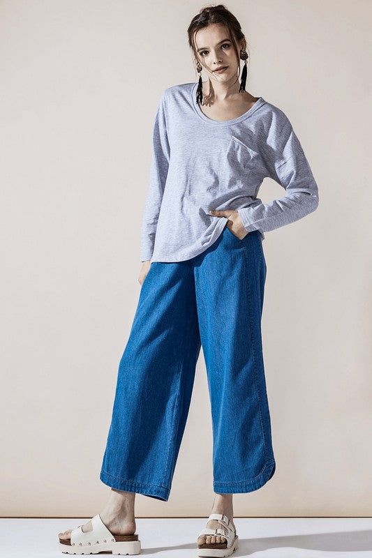Denim Wide Leg Crop Pants with Dolphine Tail Hem