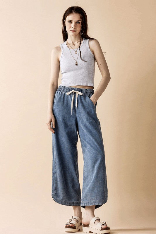 Denim Wide Leg Crop Pants with Dolphine Tail Hem