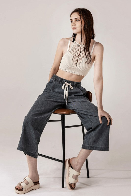 Denim Wide Leg Crop Pants with Dolphine Tail Hem