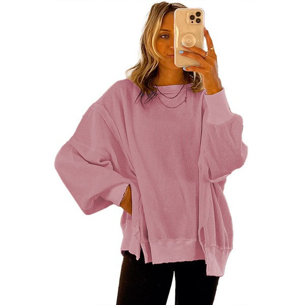 Waffle Knit Bishop Sleeve Oversized Sweatshirt