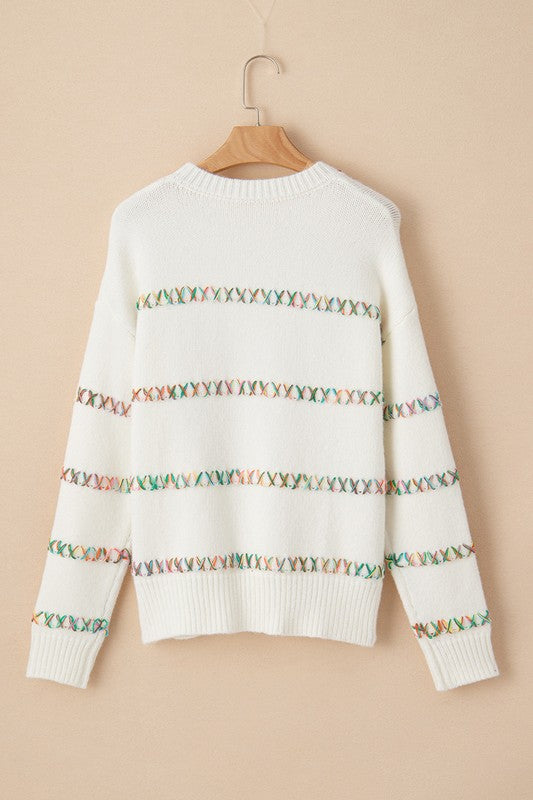 White Crossed Stitch Drop Shoulder Sweater