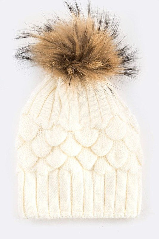 Large Genuine Fur Pom Pineapple Knit Soft Beanies