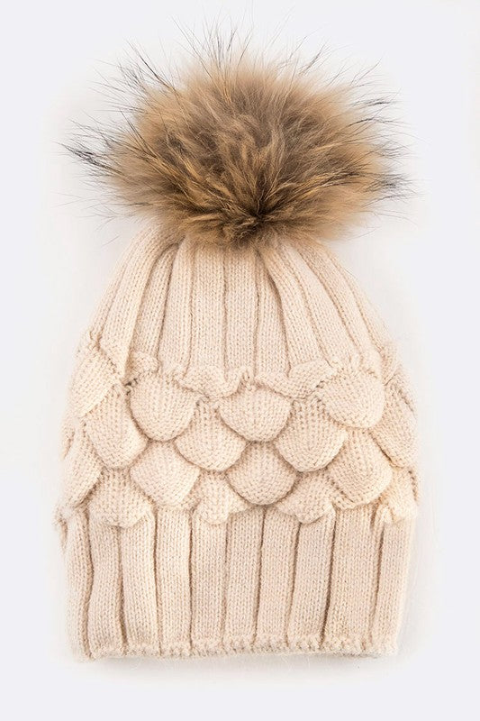 Large Genuine Fur Pom Pineapple Knit Soft Beanies