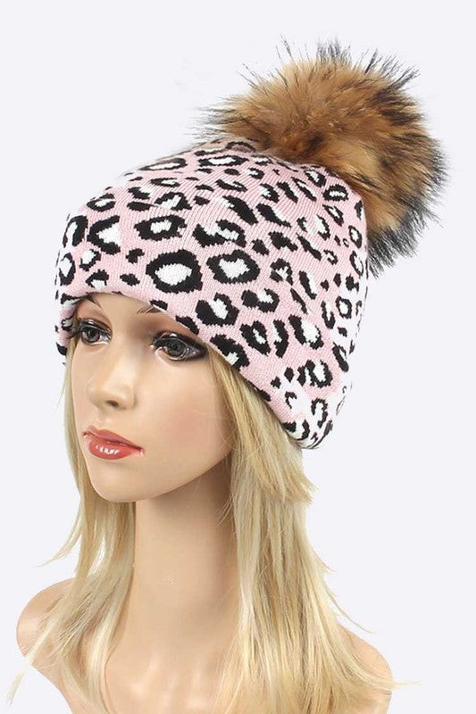 Genuine Fur Pom Soft Leopard Beanie