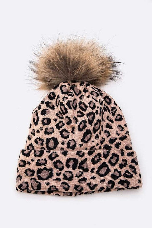 Genuine Fur Pom Soft Leopard Beanie