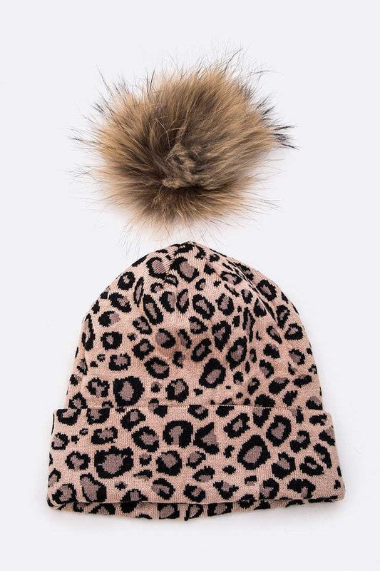 Genuine Fur Pom Soft Leopard Beanie