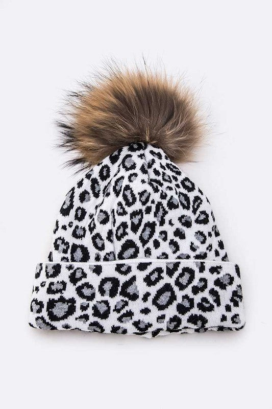 Genuine Fur Pom Soft Leopard Beanie