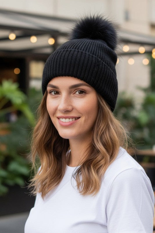 Large Genuine Fur PomPom Winter Cuff Beanie