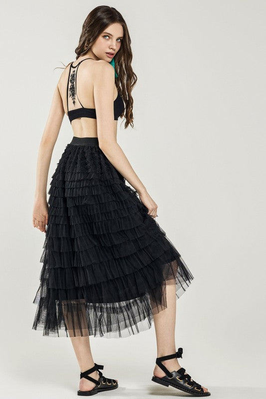 A-Line Tiered Layered Tulle Mesh Maxi Skirt