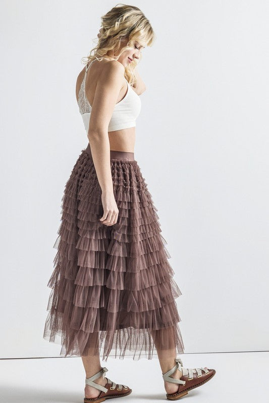 A-Line Tiered Layered Tulle Mesh Maxi Skirt