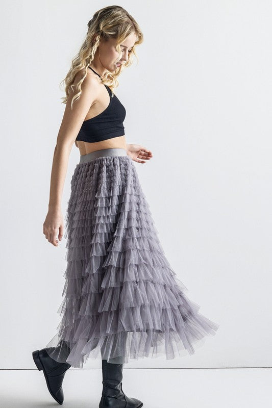 A-Line Tiered Layered Tulle Mesh Maxi Skirt