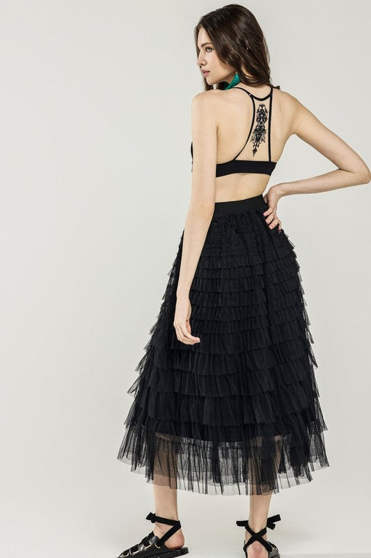 A-Line Tiered Layered Tulle Mesh Maxi Skirt