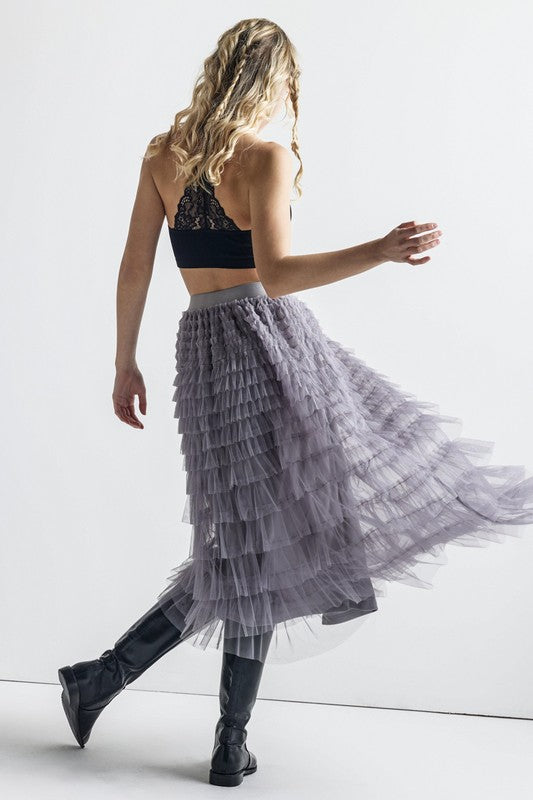 A-Line Tiered Layered Tulle Mesh Maxi Skirt