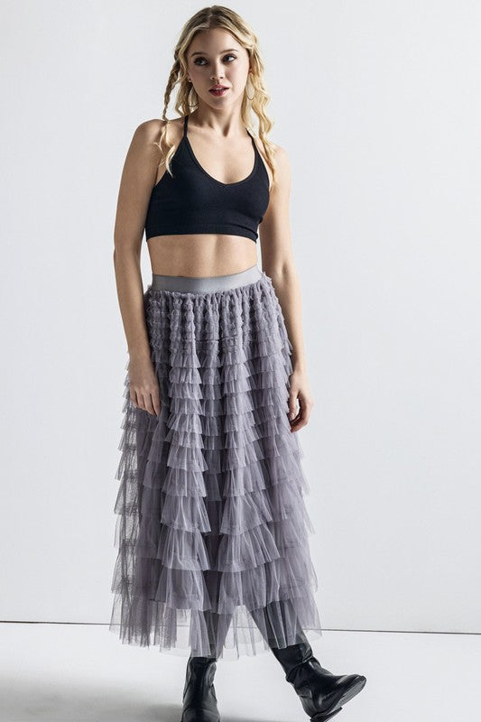 A-Line Tiered Layered Tulle Mesh Maxi Skirt