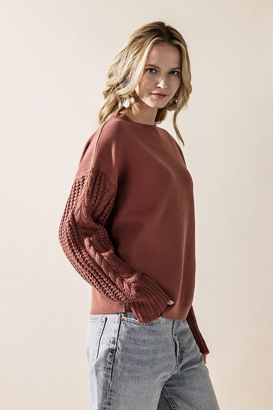 Cozy Solid Body Contrast Cable Knit Sweater