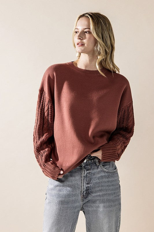 Cozy Solid Body Contrast Cable Knit Sweater