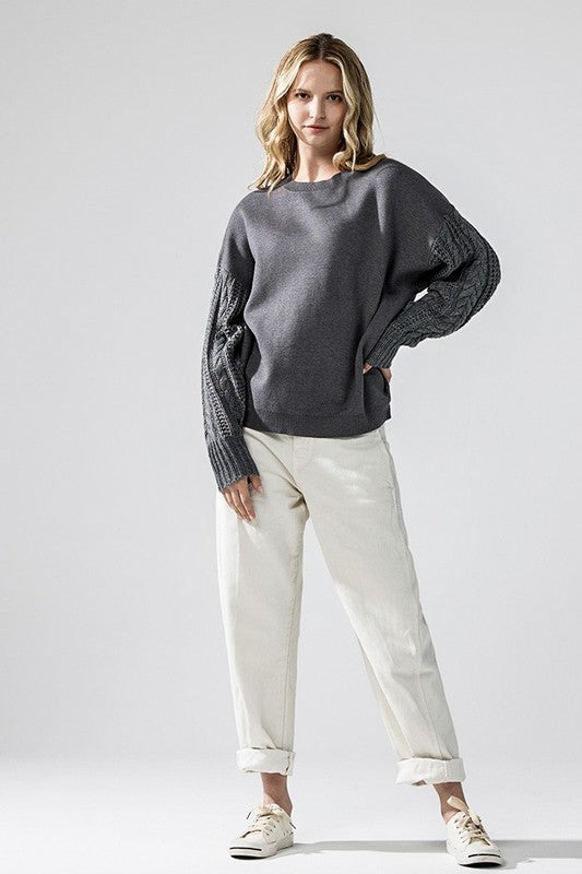Cozy Solid Body Contrast Cable Knit Sweater