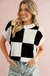 Light Blue Checkered Color Block Crew Neck Short Sleeve Sweater