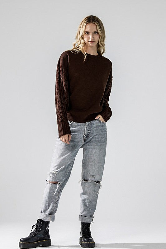 Cozy Solid Body Contrast Cable Knit Sweater