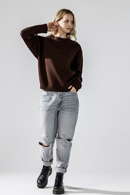 Cozy Solid Body Contrast Cable Knit Sweater