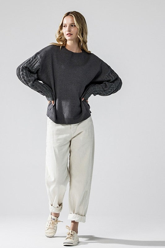 Plus Cozy Solid Body Contrast Cable Knit Sweater
