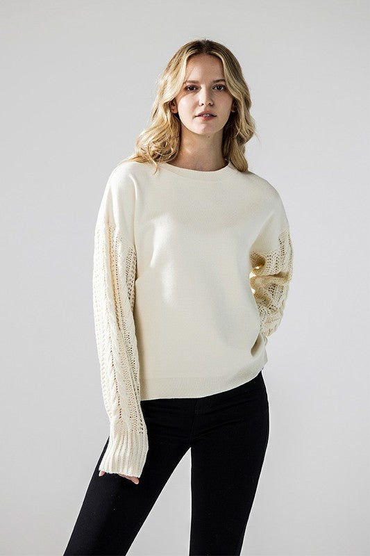 Plus Cozy Solid Body Contrast Cable Knit Sweater