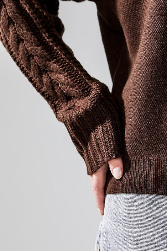 Plus Cozy Solid Body Contrast Cable Knit Sweater