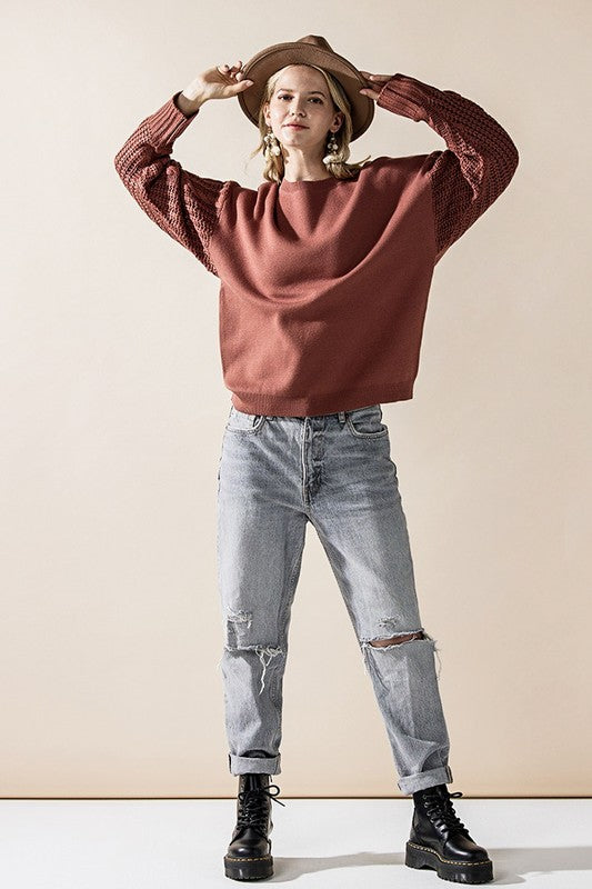 Plus Cozy Solid Body Contrast Cable Knit Sweater