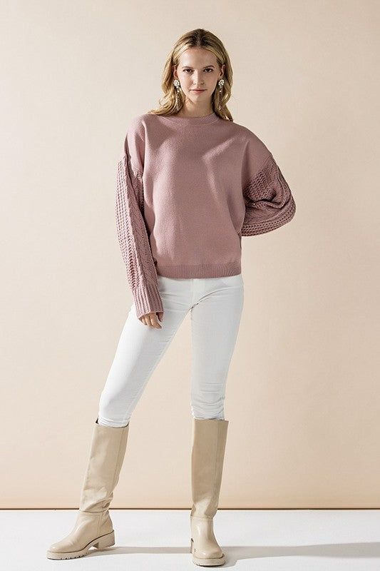 Plus Cozy Solid Body Contrast Cable Knit Sweater