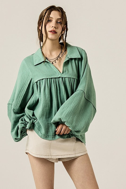 Plus V-neck Bubble Slv Cotton gauze Babydoll Top