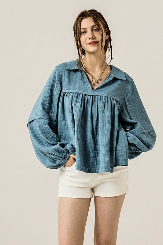 V-neck Bubble Sleeve Cotton gauze Babydoll Top