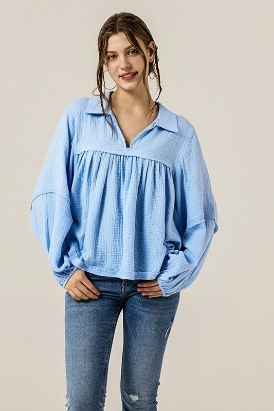 V-neck Bubble Sleeve Cotton gauze Babydoll Top