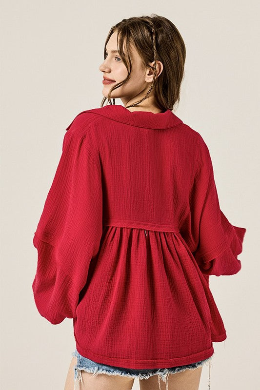 V-neck Bubble Sleeve Cotton gauze Babydoll Top