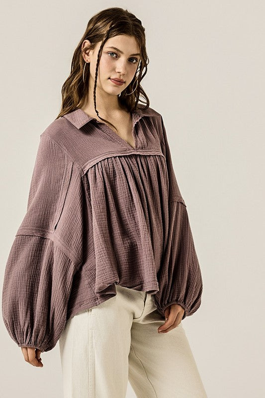 V-neck Bubble Sleeve Cotton gauze Babydoll Top