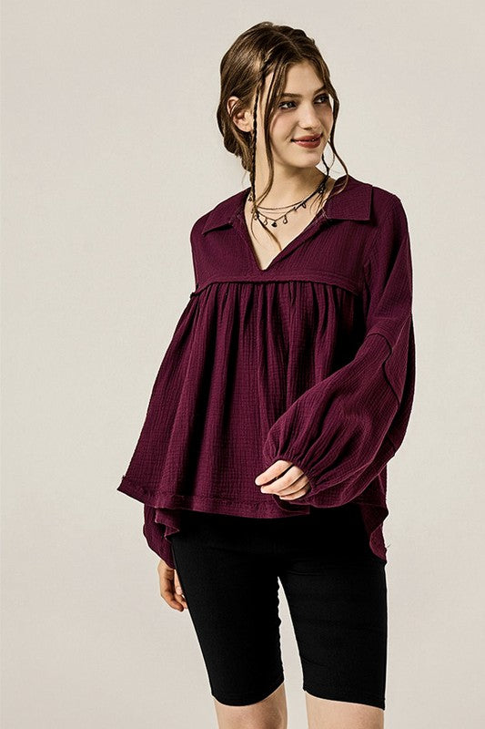 V-neck Bubble Sleeve Cotton gauze Babydoll Top