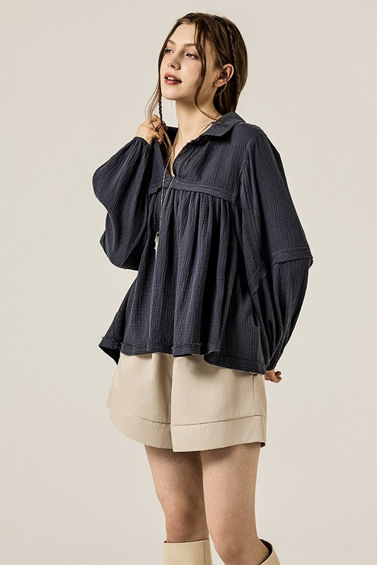 V-neck Bubble Sleeve Cotton gauze Babydoll Top