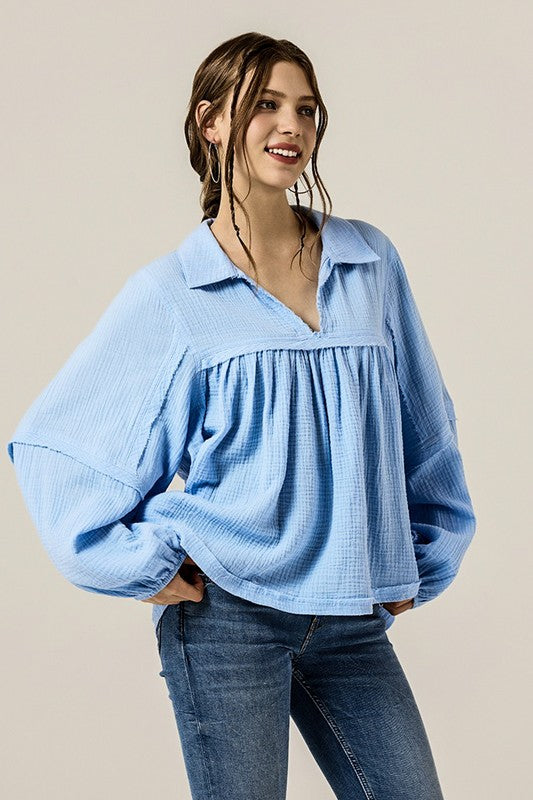 V-neck Bubble Sleeve Cotton gauze Babydoll Top