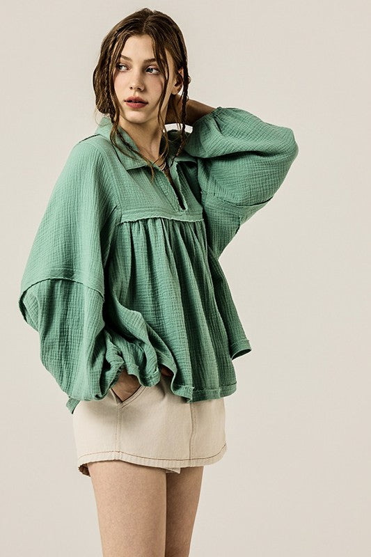 V-neck Bubble Sleeve Cotton gauze Babydoll Top