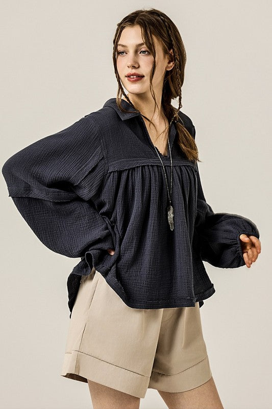 V-neck Bubble Sleeve Cotton gauze Babydoll Top